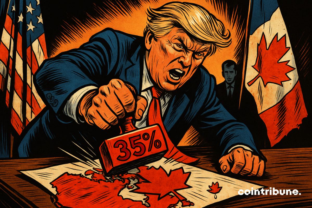 A furious Trump crushes a “35%” stamp on a map of Canada, between two flags, in an explosive scene.