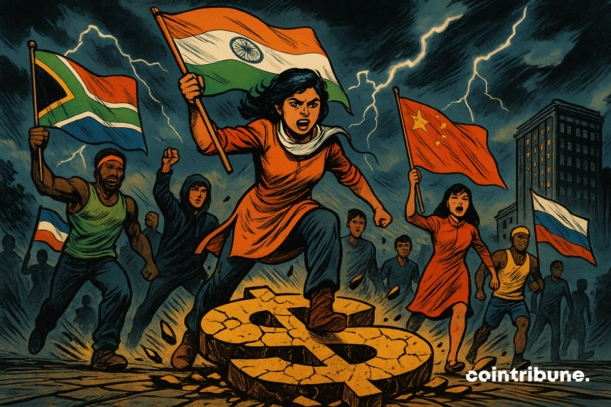 A young Indian woman in the foreground, posed forward, face determined, arm raised, waving an orange-white-and-green flag (India). She wears a modern tunic (a comic-style kurta), with boots and a flowing scarf. A giant dollar sign is on the ground, cracked and crushed under the crowd's feet, symbolizing the de-dollarization of the BRICS.