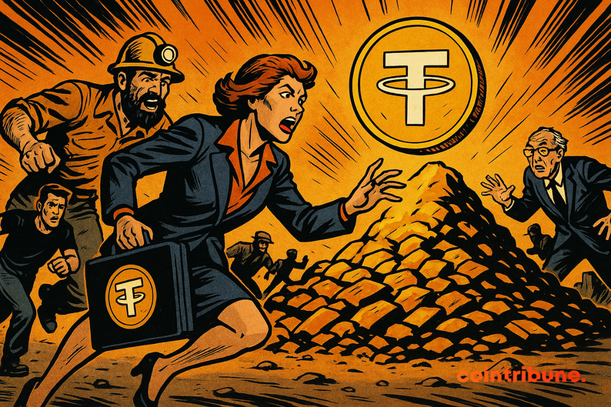 Crowds rushing towards a glowing Tether Gold token, floating above a mountain of ingots, in an orange setting styled like a 70s comic.