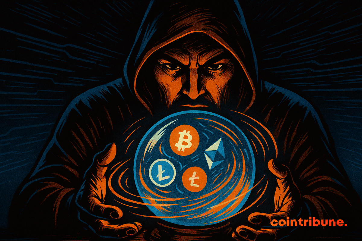 Mysterious oracle holding a glowing crystal ball with swirling cryptocurrency symbols, representing tokenization.