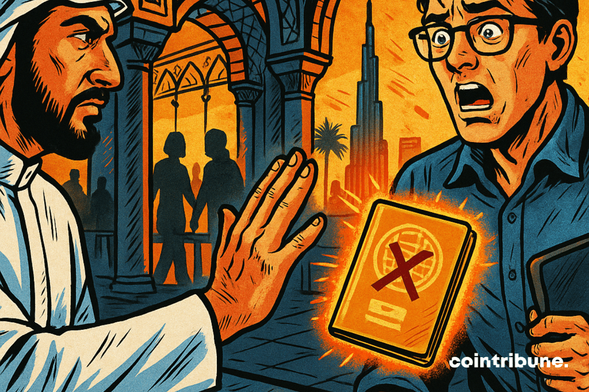 Un douanier émirati bloque un homme choqué de la crypto, tenant un passeport doré refusé.