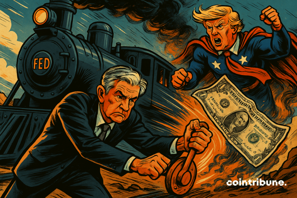 Powell freine une locomotive marquée "FED" tandis que Trump, en super-héros furieux, brandit un dollar déformé, semant le chaos sur la bourse.
