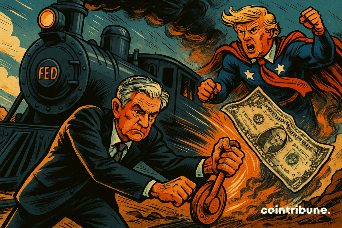 Powell brakes a locomotive marked "FED" while Trump, like an angry superhero, brandishes a deformed dollar, sowing chaos on the stock market.