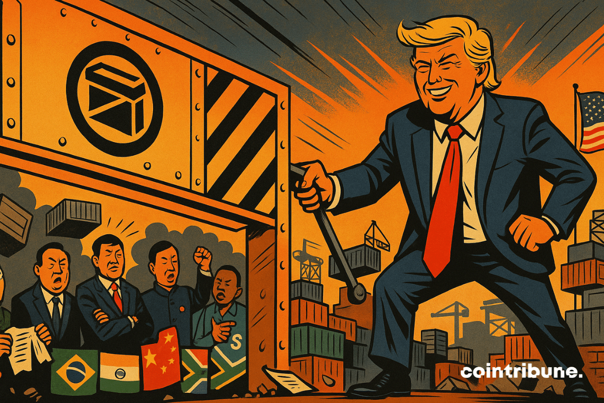 Donald Trump, figura imponente, terno azul saturado, gravata vermelha vibrante e uma mecha loira exagerada. Ele sorri de forma provocadora enquanto abaixa uma barreira alfandegária metálica com uma alavanca. Os líderes dos BRICS o observam em posturas de reação.