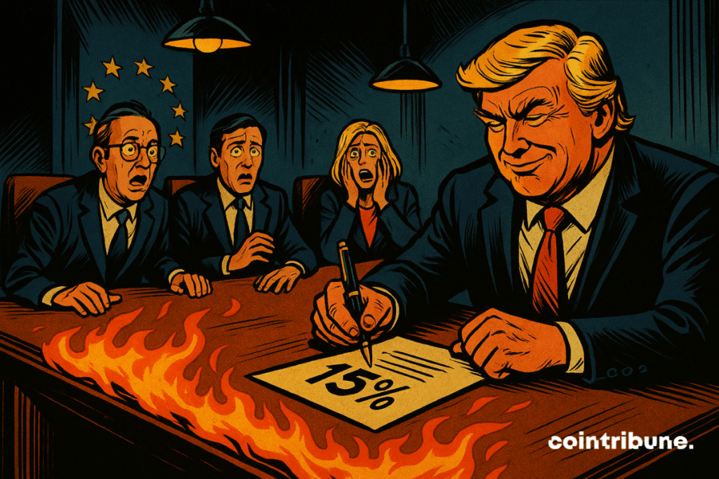 Trump sits impassively, a “15%” document in front of him, signing it with a smile as European diplomats look on stunned or visibly shaken.
