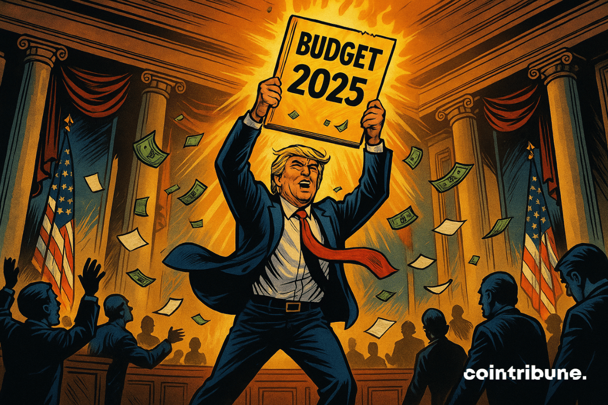 Donald Trump holding up a massive “Budget 2025” document, symbolizing the passing of his budget bill.