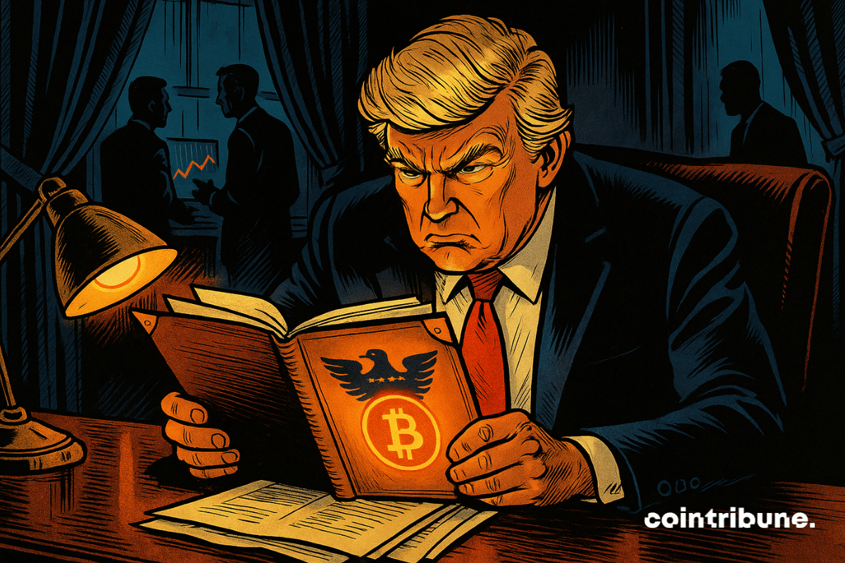 Inside a presidential office, a Trump-inspired figure looks at a report featuring a crypto symbol.