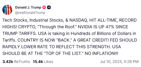 Screenshot of a Donald Trump post on Truth