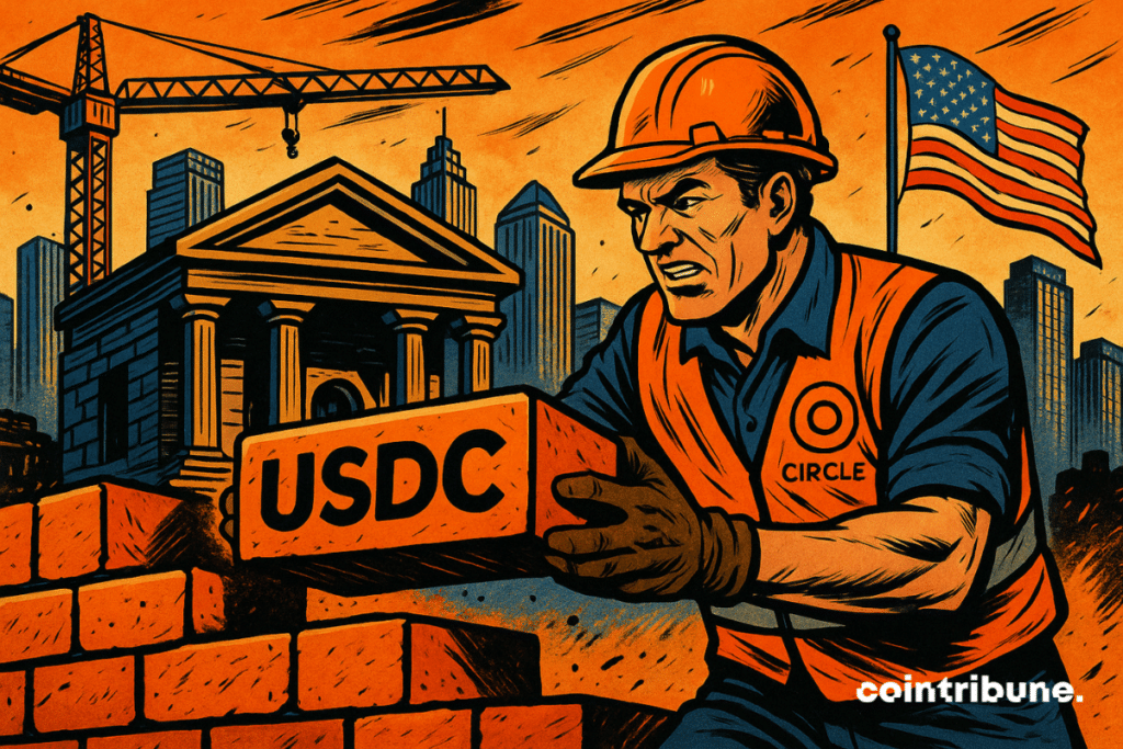 L’illustration montre un ouvrier déterminé portant un casque et un gilet orange marqué “Circle”, en train de poser une brique géante estampillée “USDC”