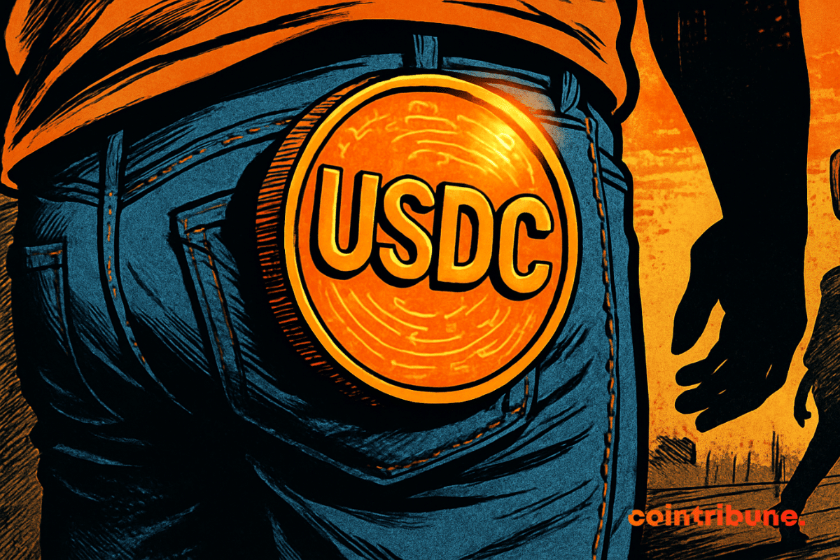 A large glowing USDC stablecoin sticks out of the pocket of blue denim jeans, in a 1970s comic book style with bold orange and black contrasts.