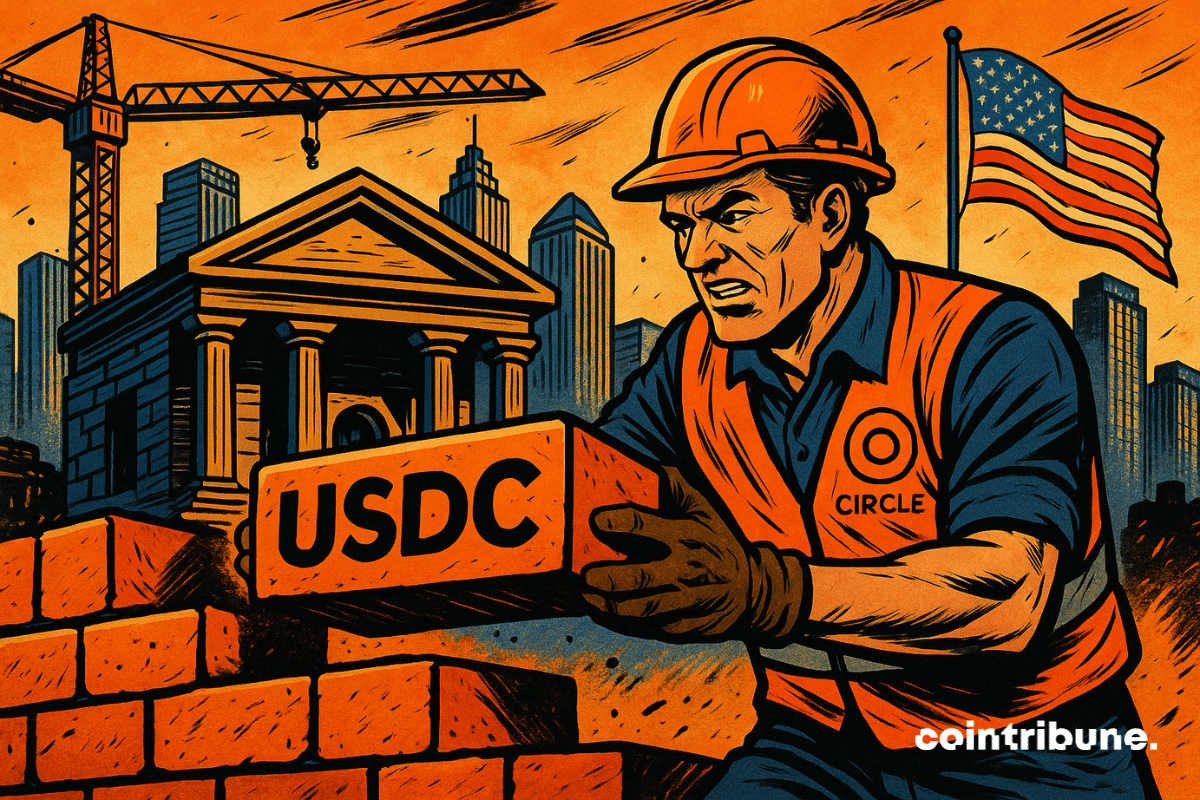 L’illustration montre un ouvrier déterminé portant un casque et un gilet orange marqué “Circle”, en train de poser une brique géante estampillée “USDC”