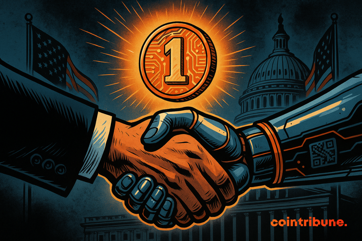 A comic-style close-up of a handshake between a suited human hand and a robotic hand, with a glowing coin marked “1” hovering above, set against the backdrop of the U.S. Capitol and American flags.