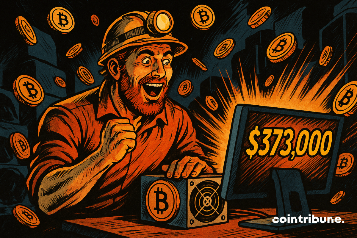 A lone miner bursts into joy as his screen displays 3,000, symbolizing his unexpected victory in the cutthroat world of Bitcoin mining.