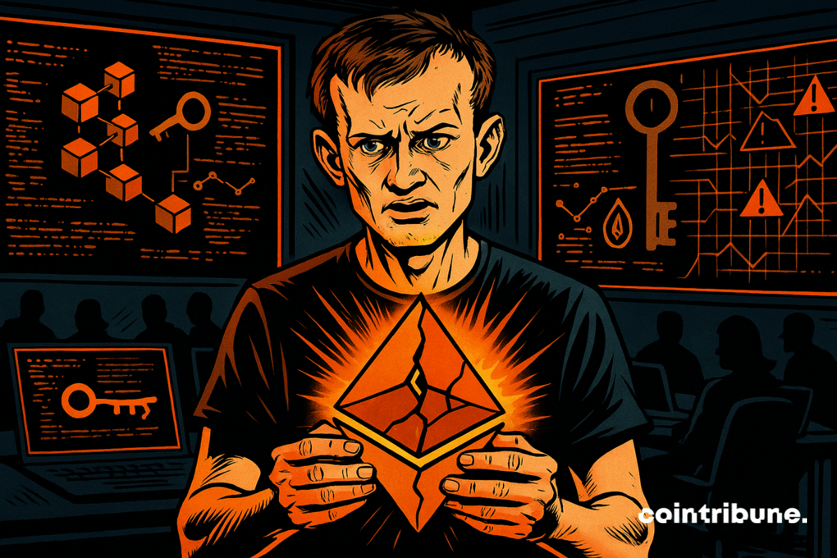 Vitalik Buterin, préoccupé, tient un logo Ethereum fissuré, tandis que des graphiques et des silhouettes sombres remplissent l'arrière-plan.