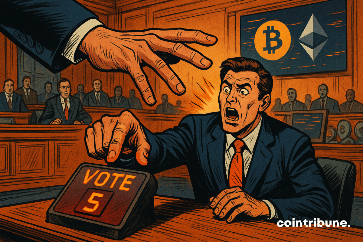 A shocked lawmaker tries to press a “VOTE” button when a giant hand suddenly appears to stop him, against a backdrop of crypto symbols.