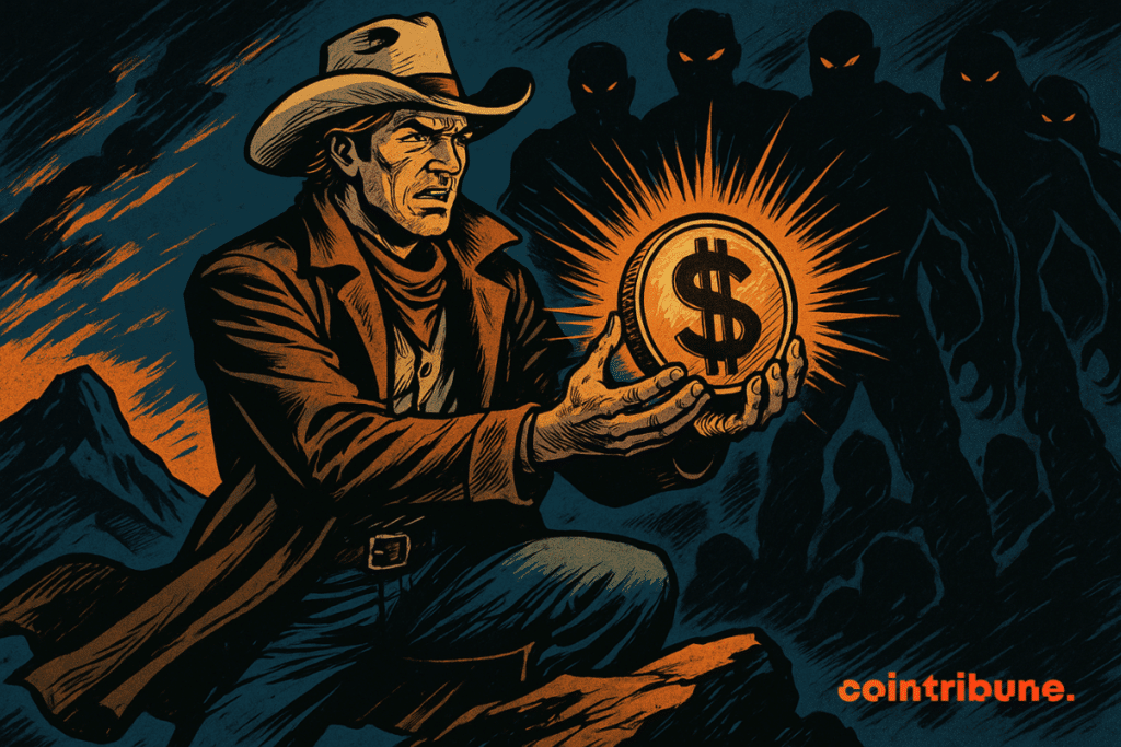 Un vaquero decidido sostiene una moneda estable brillante, desafiando siluetas amenazantes, en un paisaje oscuro de tonos naranjas y azules.