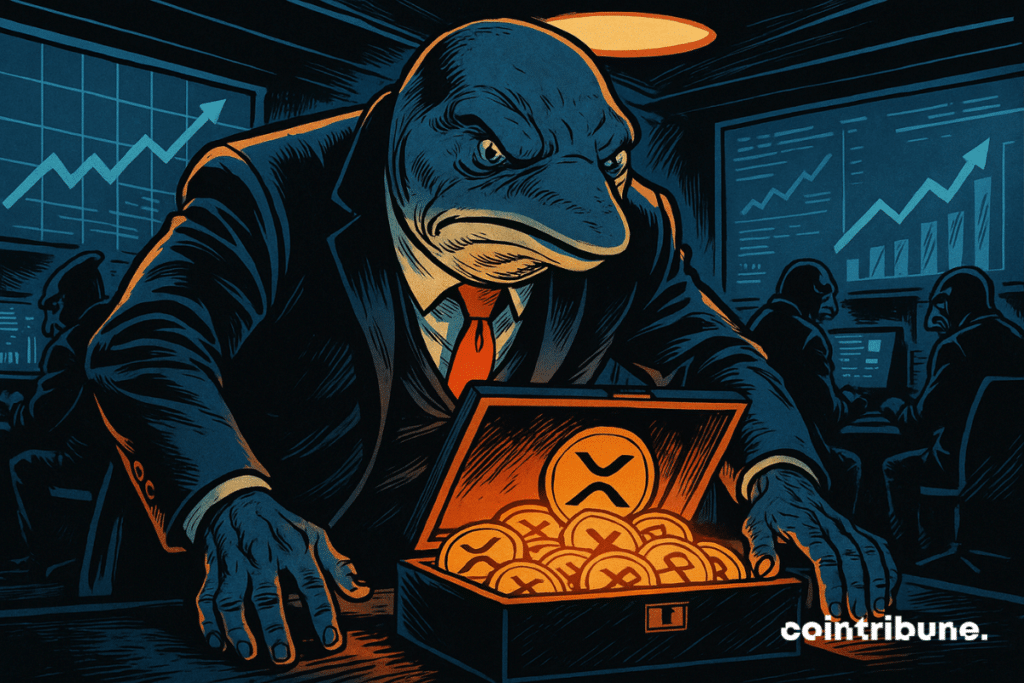 Une baleine humanoïde massive est penchée en avant, les deux mains posées fermement sur un énorme coffre numérique ouvert, rempli de cryptos XRP lumineux.