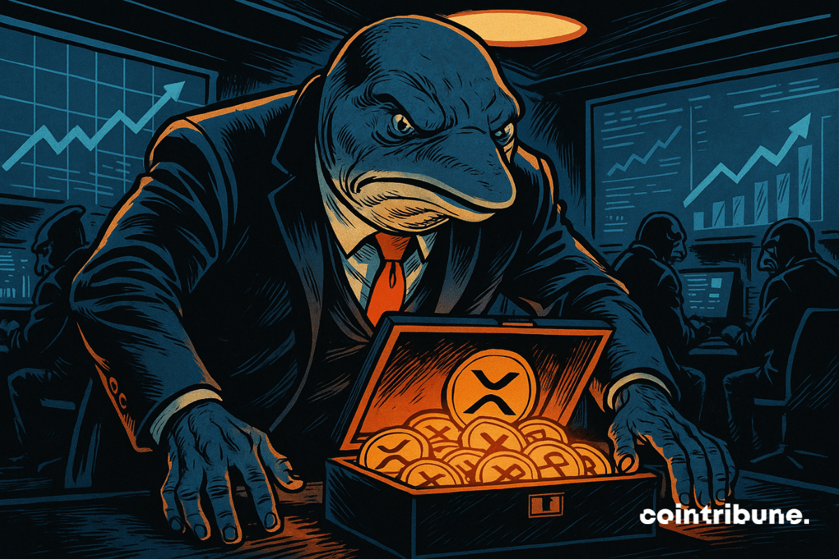 A massive humanoid whale is leaning forward, both hands firmly placed on a huge open digital chest filled with glowing XRP cryptos.