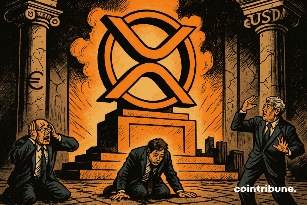 Classic bankers, visibly worried or disoriented, on their knees or confused. A giant statue of the XRP crypto logo sits in the center.