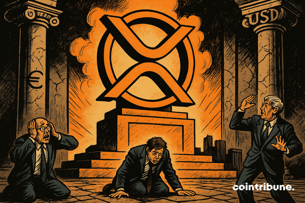Des banquiers classiques, visiblement inquiets ou désorientés, à genoux ou déboussolés. Une statue géante du logo de la crypto XRP trônant au centre.