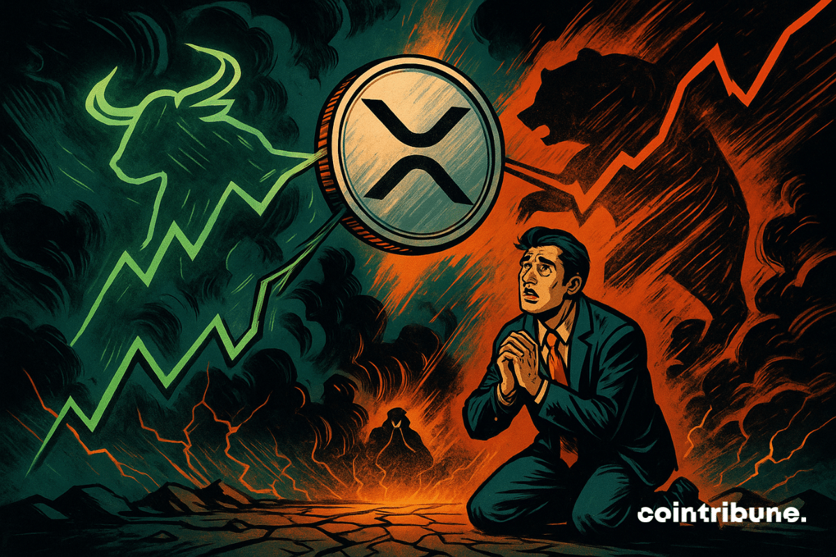 El XRP flotando en el centro, arrastrado por dos entidades estilizadas (una alcista y otra bajista), observado por un inversor cripto de rodillas.