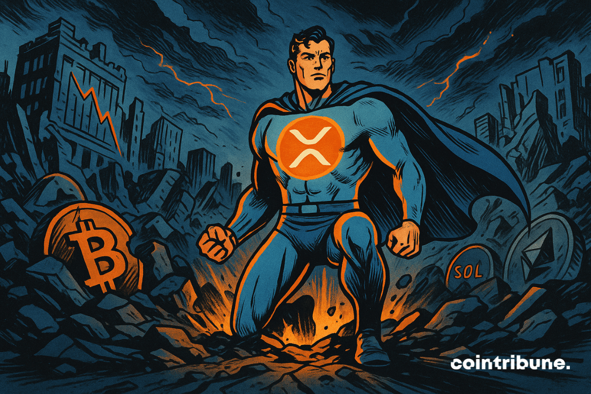 A criptomoeda XRP, personificada como um herói mascarado de aparência suave e digital, se levanta no centro dos escombros, em uma praça financeira em colapso, com prédios em ruínas e gráficos despencando.