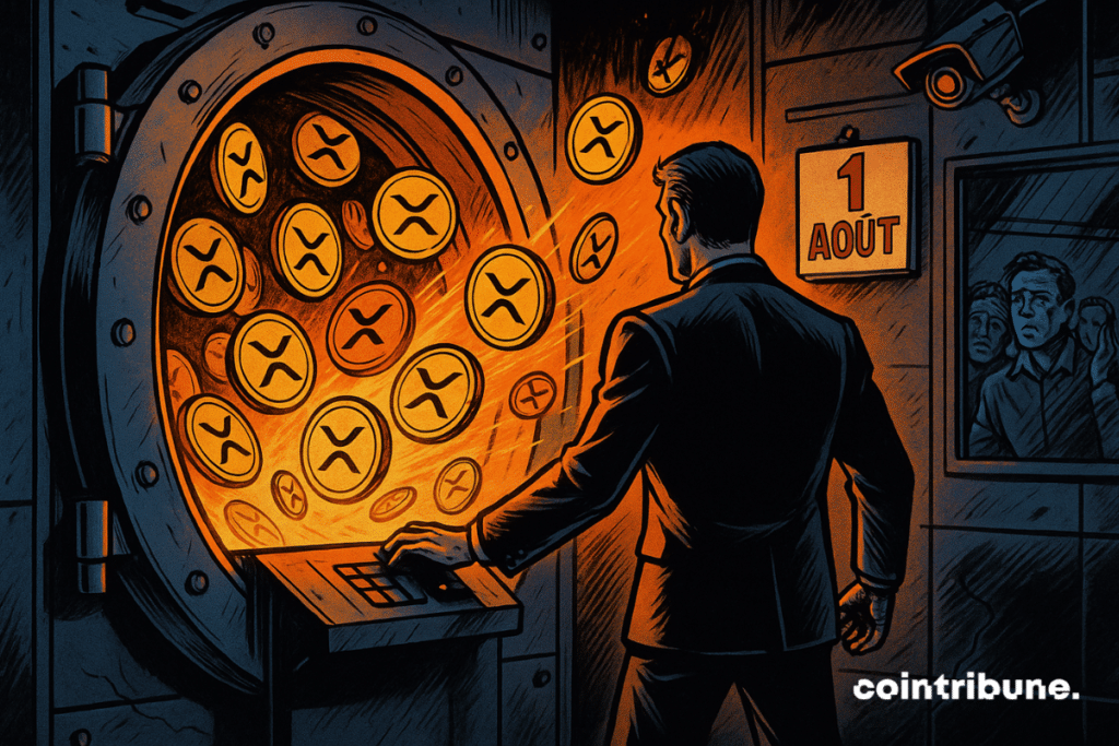 Uma figura vista de costas, representando a Ripple, está diante do cofre, com o braço estendido para frente e a mão sobre um console sensível ao toque embutido na parede. Do cofre entreaberto, escapa um fluxo de criptos XRP brilhantes, flutuando no ar com reflexos metálicos.