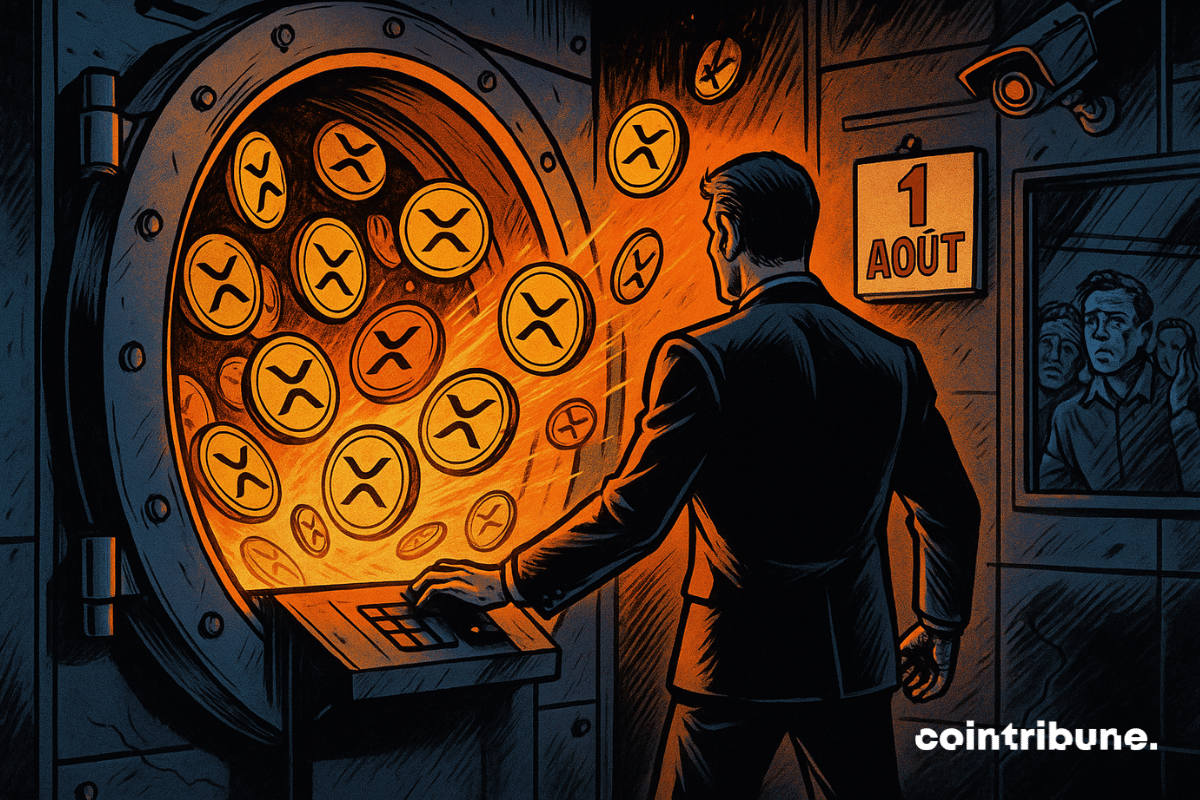 Un personnage de dos, incarnant Ripple est campé devant le coffre, bras tendu en avant, la main sur une console tactile intégrée au mur. Du coffre entrouvert, s’échappe un torrent de cryptos XRP lumineux, flottant dans l’air avec des reflets métalliques.