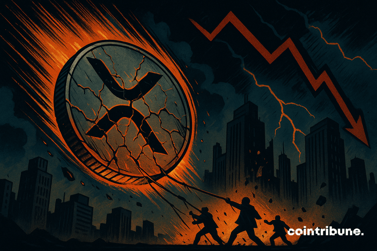 Le logo de la crypto XRP, fissuré et incandescent, semble pris dans une chute incontrôlée. Il est incliné vers l’avant, comme si la gravité l’écrasait, avec des traînées rouges et orange soulignant la vitesse.