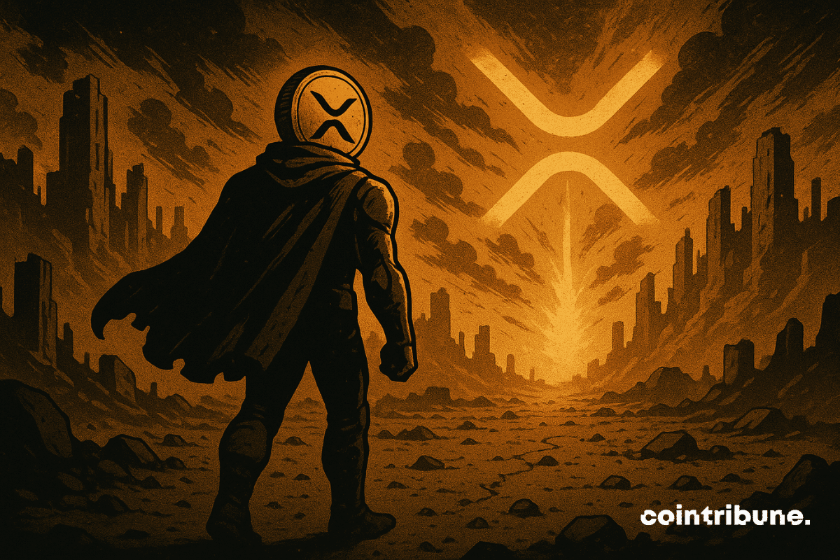 Un campo estilizado de ruinas, con una atmósfera postapocalíptica o ancestral, marca los años de espera y lucha. Un héroe de XRP, envuelto en una capa oscura y ondulante, luce en su espalda el logotipo de XRP, con un cuerpo ligeramente robótico. Camina con gravedad hacia un resplandor en el horizonte, símbolo de renovación. En el suelo agrietado, el número "3.65" está grabado en la roca, desgastado por el tiempo, pero ahora iluminado por la luz dorada del fondo. A lo lejos, en el cielo, una estilizada y luminosa "X" que evoca el criptosímbolo de XRP brilla como una promesa finalmente cumplida.