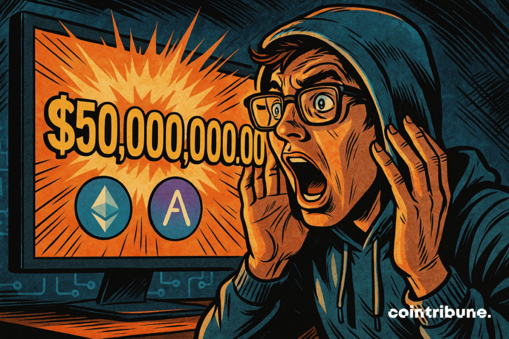 A young trader in a hoodie is stunned to discover a screen displaying  billion. The Ethereum and Aave logos glow, illustrating the spectacular explosion of DeFi.