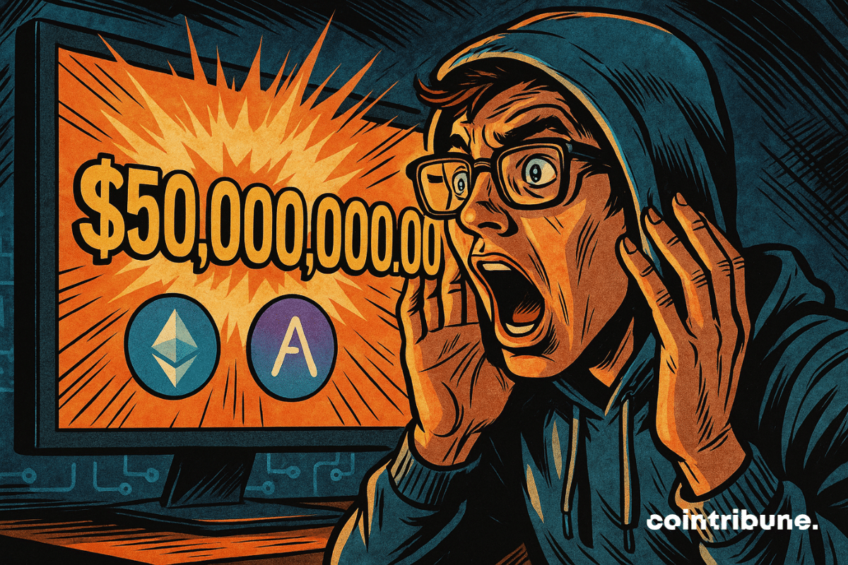 Un jeune trader en hoodie découvre avec stupeur un écran affichant 50 milliards de dollars. Les logos d’Ethereum et Aave brillent, illustrant l’explosion spectaculaire de la DeFi.