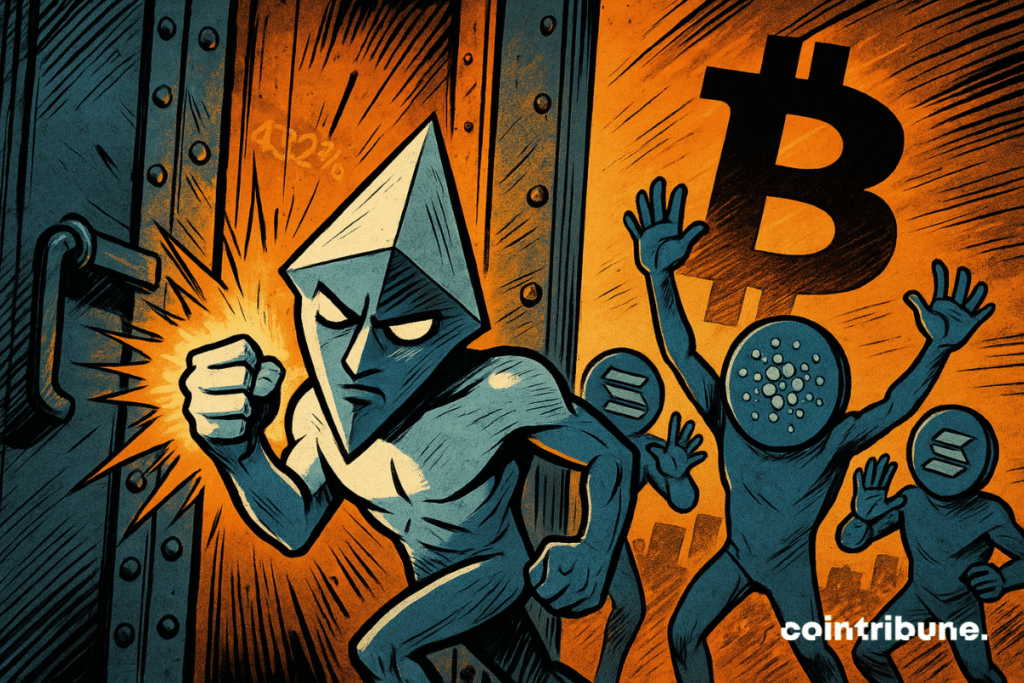Com o Ethereum na liderança, as altcoins explodem uma porta blindada marcada com o símbolo Bitcoin, liberando uma intensa luz laranja que anuncia a chegada estrondosa da altseason.