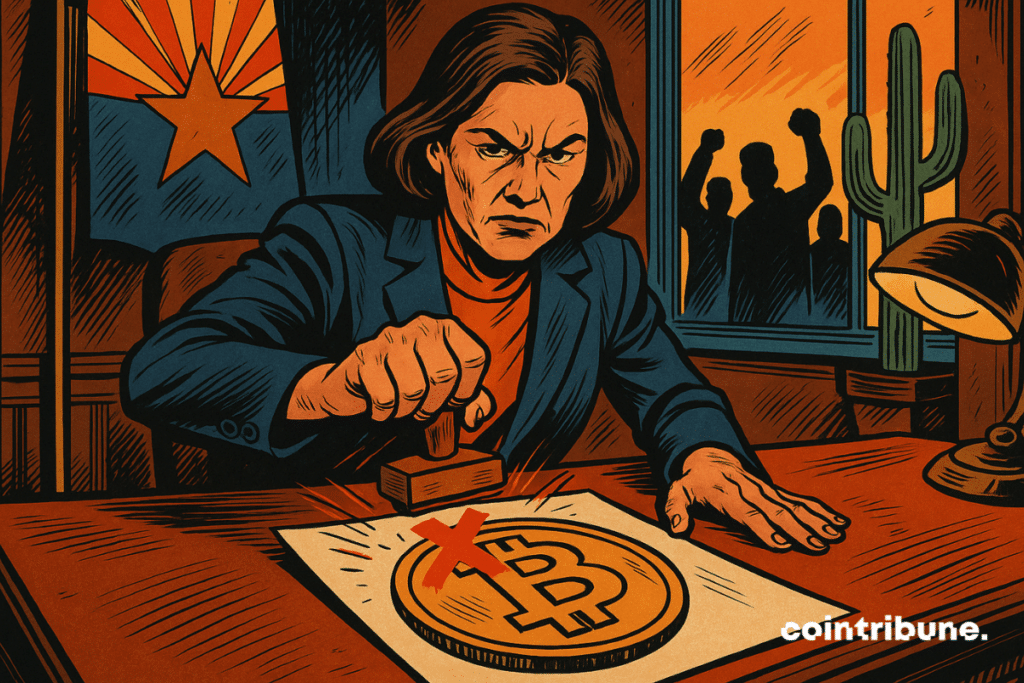 Dans un bureau officiel, la gouverneure de l’Arizona, au regard sévère, appose un tampon rouge sur un document Bitcoin, sous les yeux de manifestants silhouettes et d’un désert flamboyant.