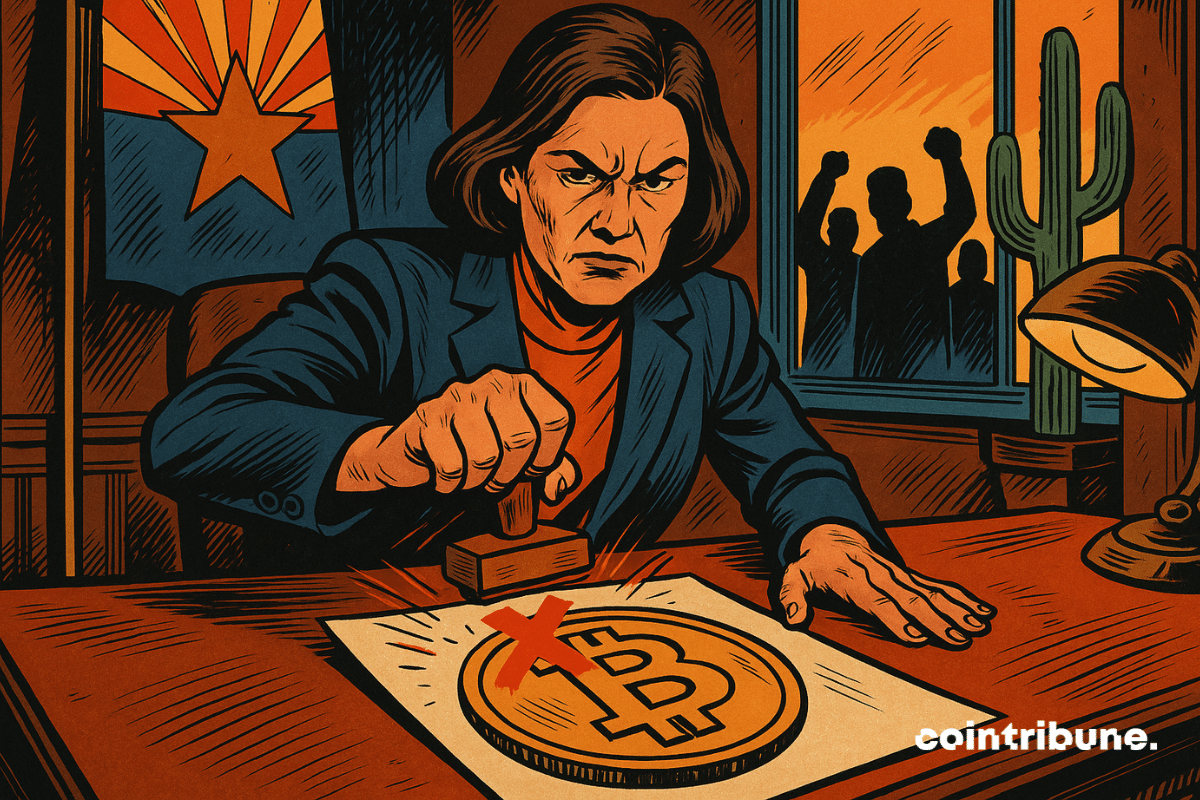 En una oficina oficial, el gobernador de Arizona, de aspecto severo, sella un documento de Bitcoin, mientras es observado por manifestantes recortados y un desierto en llamas.