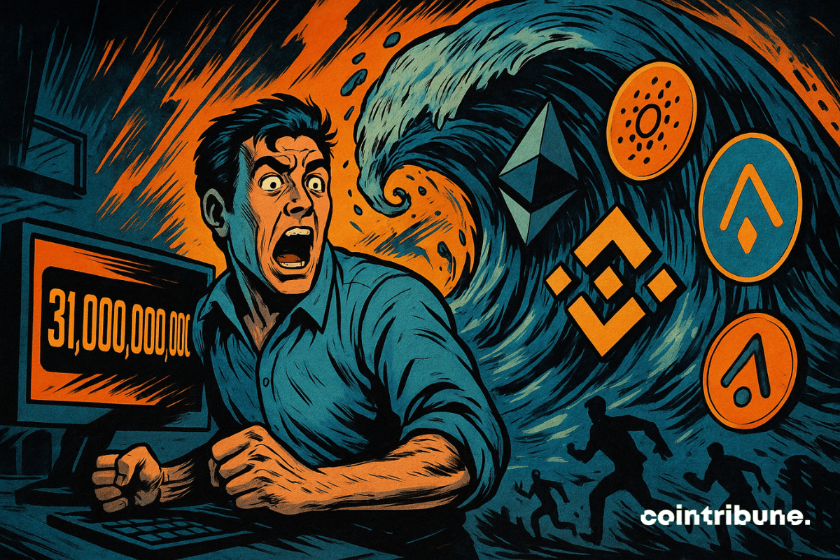 Un trader paniqué fait face à un raz-de-marée d'altcoins fonçant sur lui, tandis qu’un écran affiche “31 000 000 000”. L’explosion visuelle évoque une ruée crypto imminente.