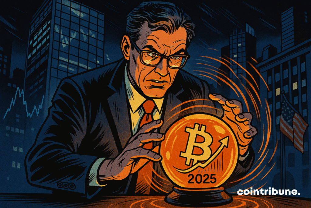 Un analyste de TD Cowen, concentré et impassible, scrute une boule de cristal incandescente affichant le symbole du Bitcoin et l’année « 2025 ». La scène, baignée de lumière orange, se déroule dans un gratte-ciel new-yorkais de nuit, avec en arrière-plan des courbes boursières et un drapeau américain flottant. Une ambiance tendue et prophétique, à la croisée de la finance et de la divination.