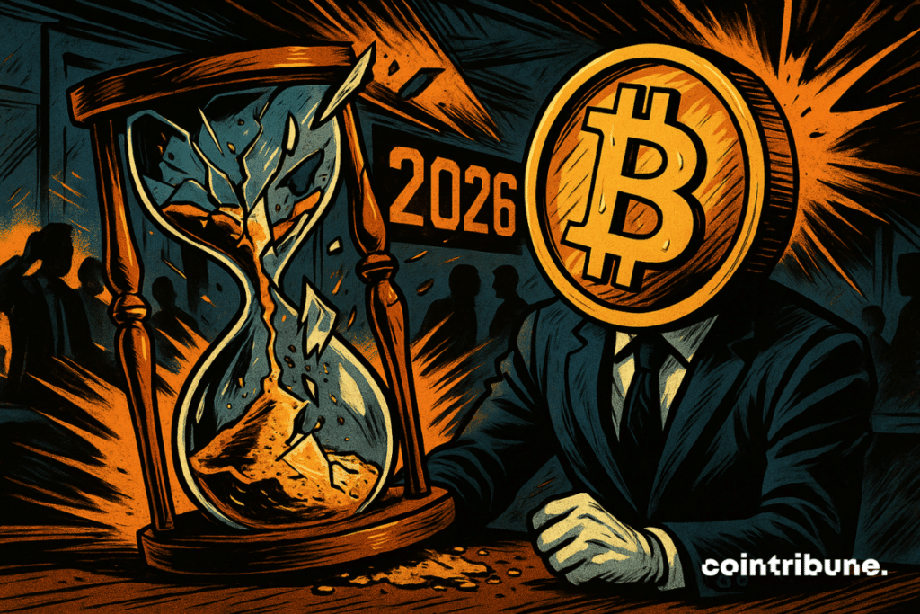 Bitcoin, vestido con traje, observa un reloj de arena roto, símbolo de un ciclo interrumpido. Al fondo, brilla el número «2026», anunciando una ruptura inminente e histórica.