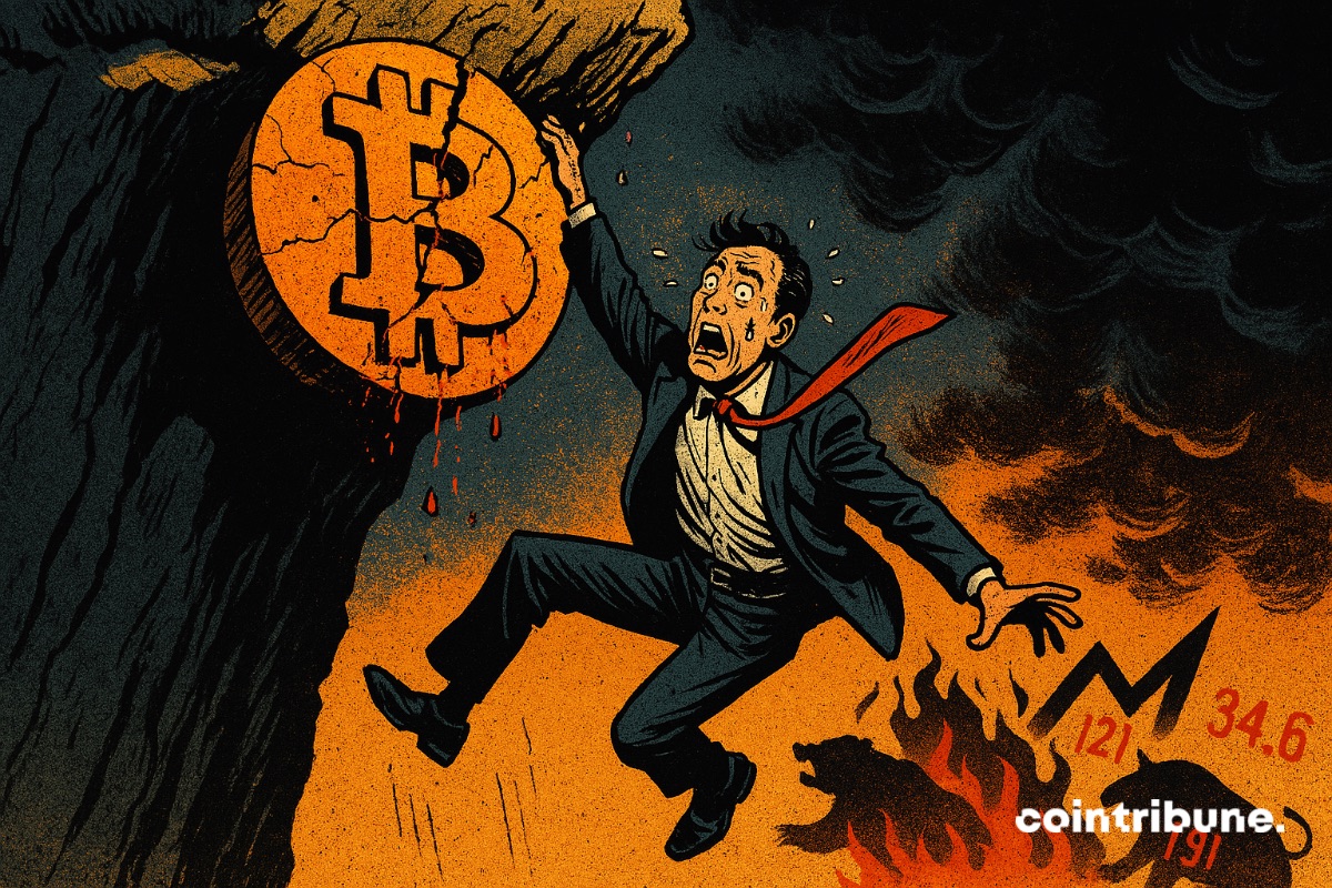 Um investidor agarrado a uma rocha bitcoin prestes a ceder.