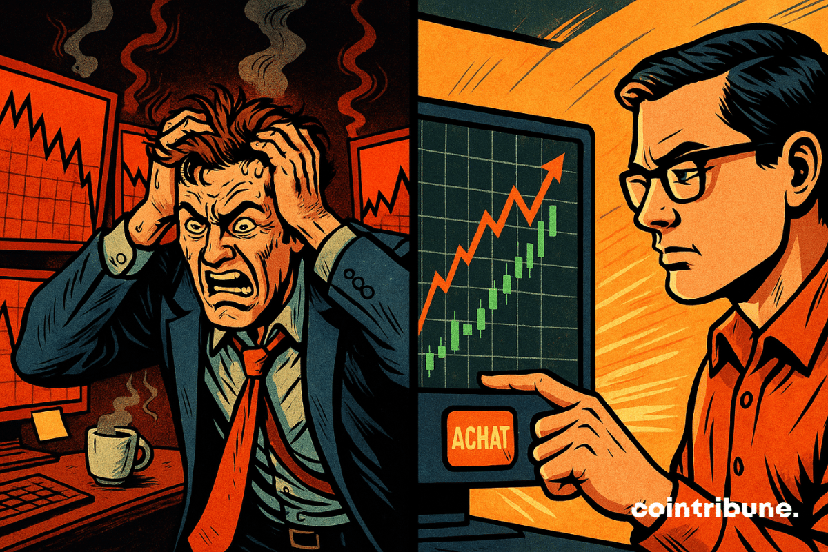 Un trader de Bitcoin en panique face à un krach boursier contraste avec un investisseur serein appuyant sur "ACHAT", illustrant le choc émotionnel entre capitulation et stratégie DCA lors d’un retournement.