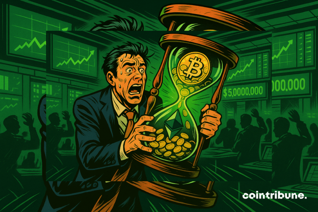 A panicked trader clutches an hourglass overflowing with Bitcoin and Ethereum. The screens display an explosive rise of  billion. The tense atmosphere reflects the urgency of a boiling market.