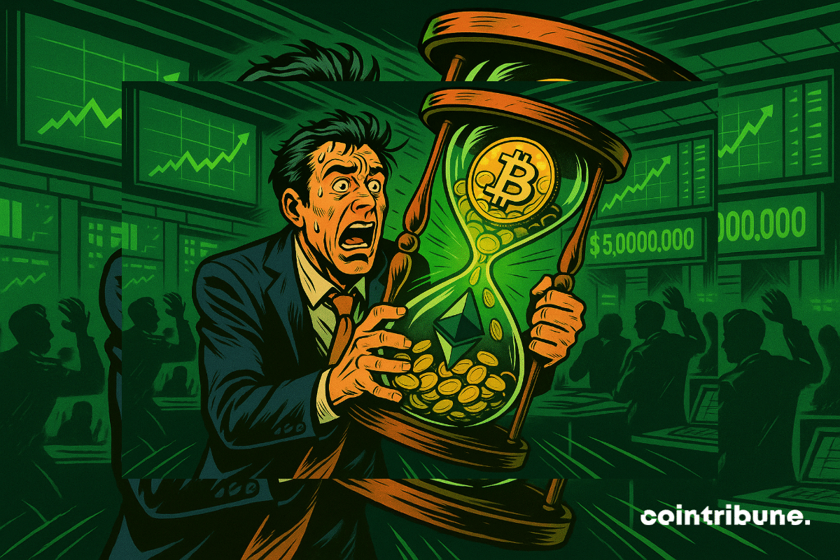 Un trader paniqué serre un sablier débordant de Bitcoin et d’Ethereum. Les écrans affichent une hausse explosive de 5 milliards. L’ambiance tendue reflète l’urgence d’un marché en ébullition.