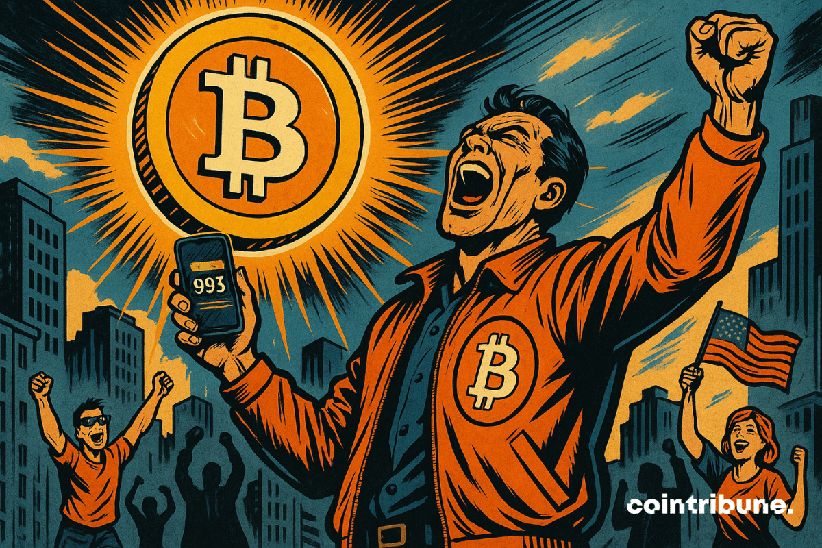 Um investidor eufórico segura seu smartphone com a inscrição "93" abaixo de um gigantesco logotipo brilhante do Bitcoin. Ao seu redor, uma multidão animada comemora o aumento espetacular da capitalização de mercado do Bitcoin.