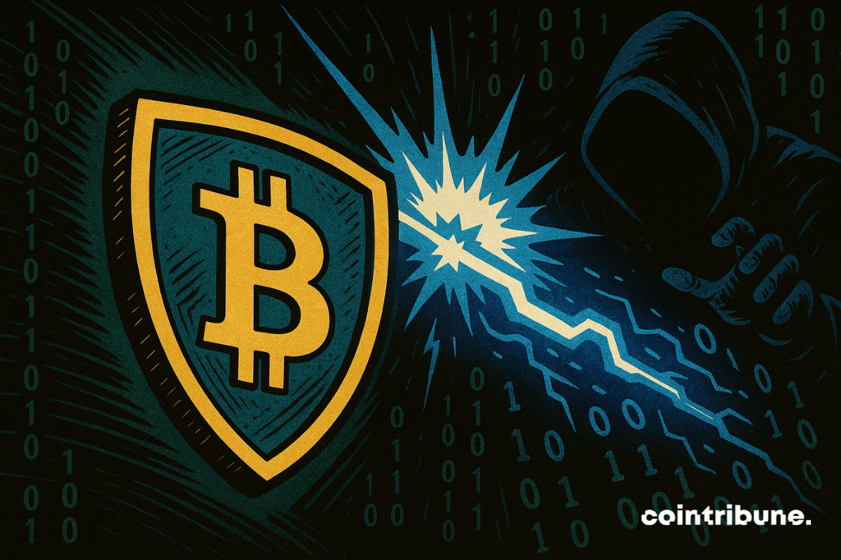Un bouclier imposant en forme d’écu, orné du symbole emblématique du Bitcoin en orange et noir, occupe le tiers gauche de la composition. Il fait face à une attaque violente : un rayon d’énergie bleuté, stylisé comme une décharge quantique, jaillit d’une main tendue appartenant à une silhouette encapuchonnée, inquiétante et sans visage, entièrement noyée dans l’ombre. Le fond est saturé de chiffres binaires verts (0 et 1) flottant dans l’espace numérique, créant une atmosphère technologique oppressante. Le choc entre le rayon et le bouclier génère une explosion lumineuse au centre de l’image, accentuée par des lignes de mouvement dynamiques et des ombres dramatiques dans un style comics des années 70. La scène évoque la défense symbolique du Bitcoin face à la menace invisible de l’ordinateur quantique, dans une ambiance de cyberattaque imminente, teintée d’urgence et de tension digitale