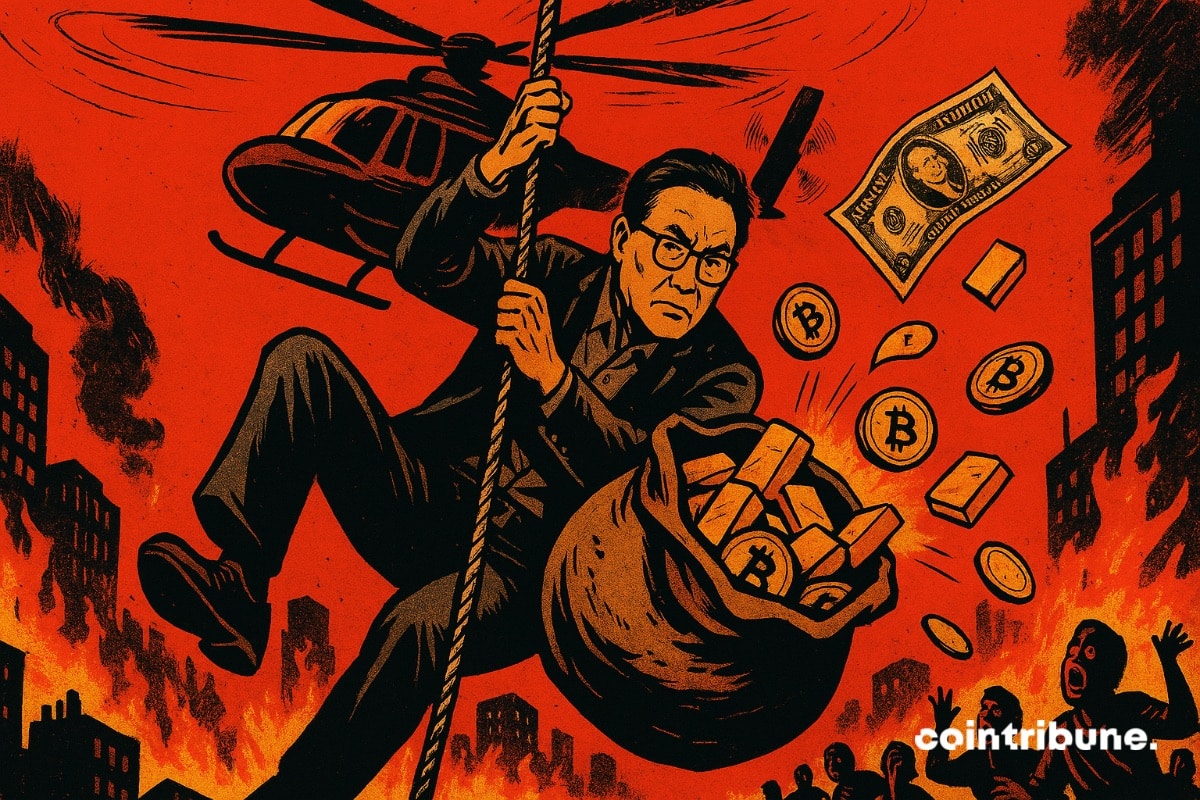 Robert Kiyosaki accroché à une corde suspendue à un hélicoptère. Il s’échappe d’un chaos avec un sac plein de bitcoin, d’or et d’argent.