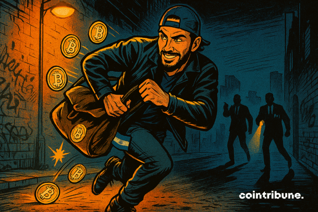 El presidente de El Salvador, Nayib Bukele, huye con una bolsa llena de bitcoines. Agentes del FMI lo buscan con una linterna.