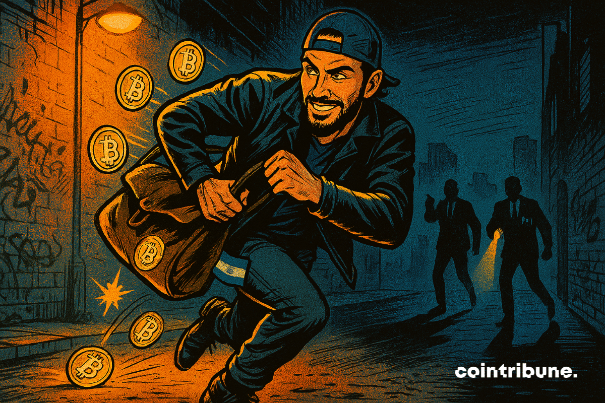 El presidente de El Salvador, Nayib Bukele, huye con una bolsa llena de bitcoines. Agentes del FMI lo buscan con una linterna.