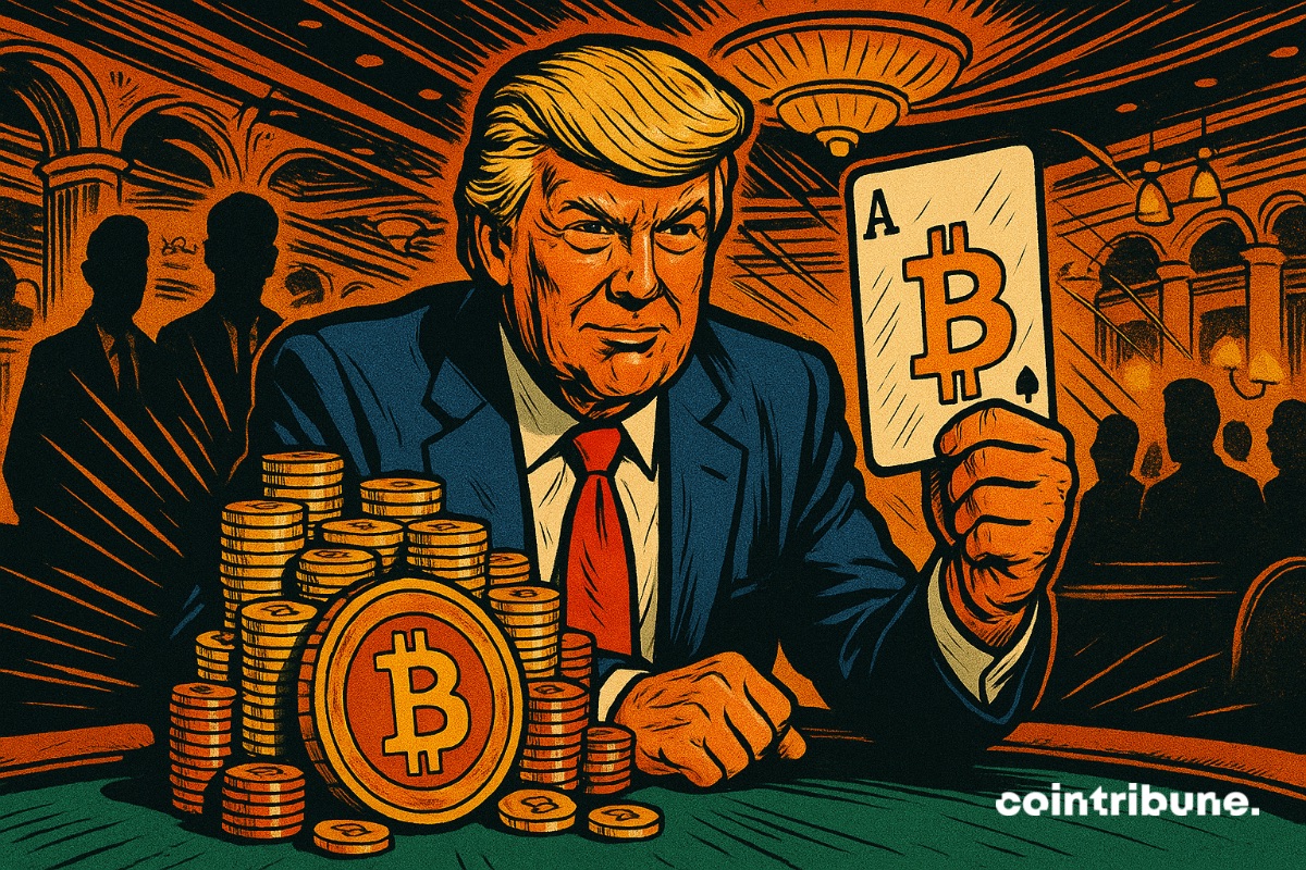Donald Trump sonriendo con una carta de bitcoin en la mano, sentado en una mesa de póquer con una pila de monedas BTC.