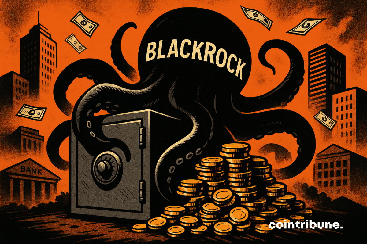 Illustration symbolique de BlackRock s’emparant de l’épargne des citoyens, avec une main géante ou une pieuvre noire lui appartenant qui saisit un coffre-fort plein de pièces.