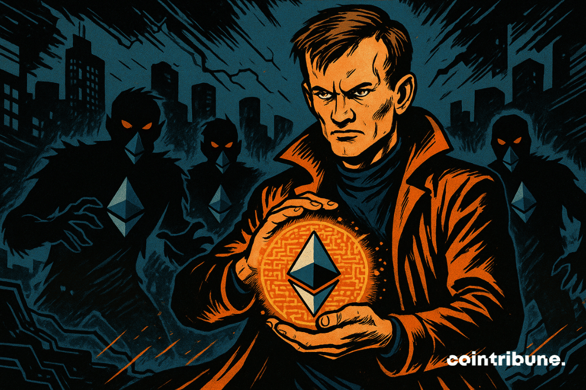 Vitalik en justicier technologique, manteau flottant, posture droite et tendue. Expression faciale : déterminé et inquiet. Il tient dans ses mains un fragment de code brillant, portant le logo d'Ethereum, protégé par une aura orange.